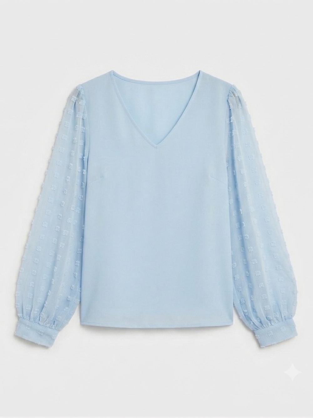 SHEIN Pale Blue V-Neck Blouse with Swiss Dot Balloon Sleeves